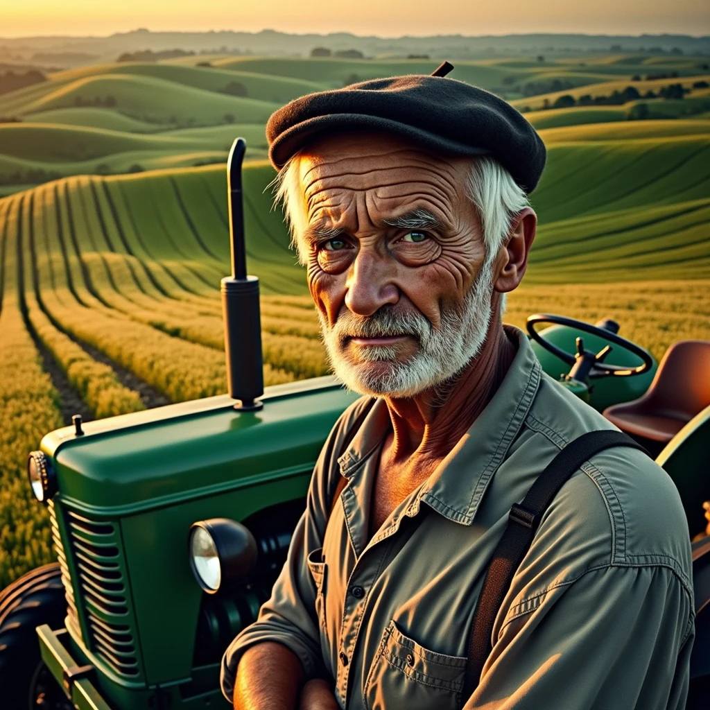A peasant man of about 55 years old wearing a black beret in a vast field with a golden sunrise in the background and a tractor next to him, hyperrealistic, ultra HD, cinematographic, intricate details, well detailed face, 64k