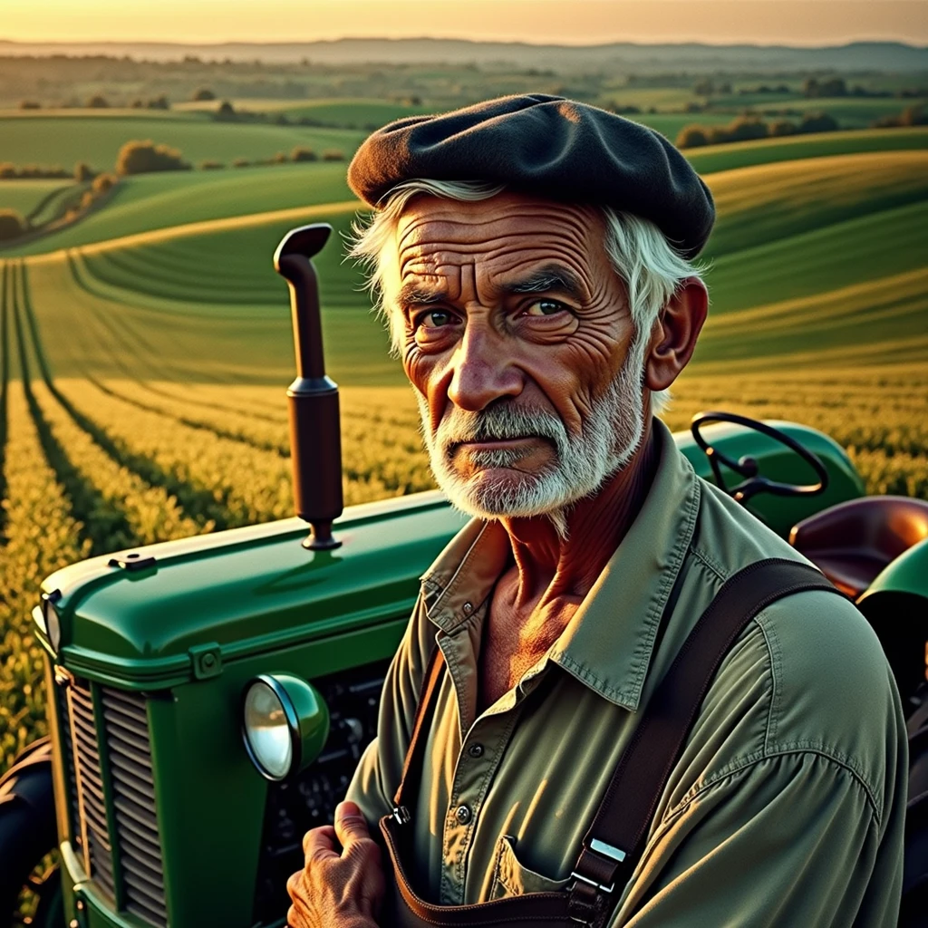 A peasant man of about 55 years old wearing a black beret in a vast field with a golden sunrise in the background and a tractor next to him, hyperrealistic, ultra HD, cinematographic, intricate details, well detailed face, 64k