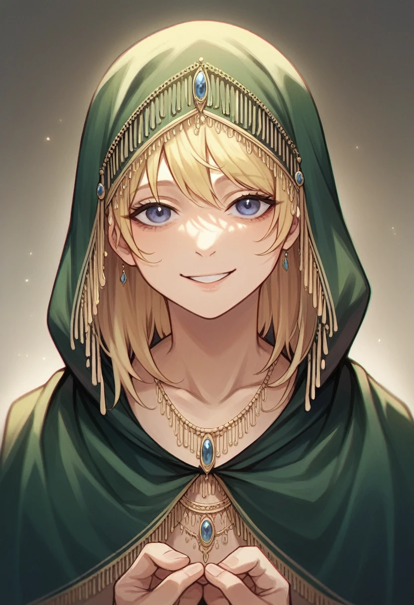 masterpiece:1.2, best quality, absurdres, fia_the_deatbed_companion, blonde hair, cloak, crouching, upper body, detailed face, face focus, looking at viewer, gentle smile, holding her son