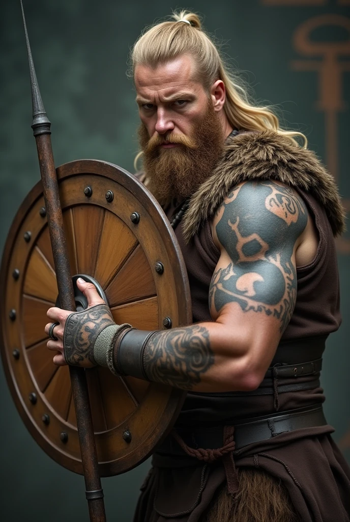 Strong blonde viking warrior holding a spear and a round wooden shield, viking tattoos on face and arm, grappling