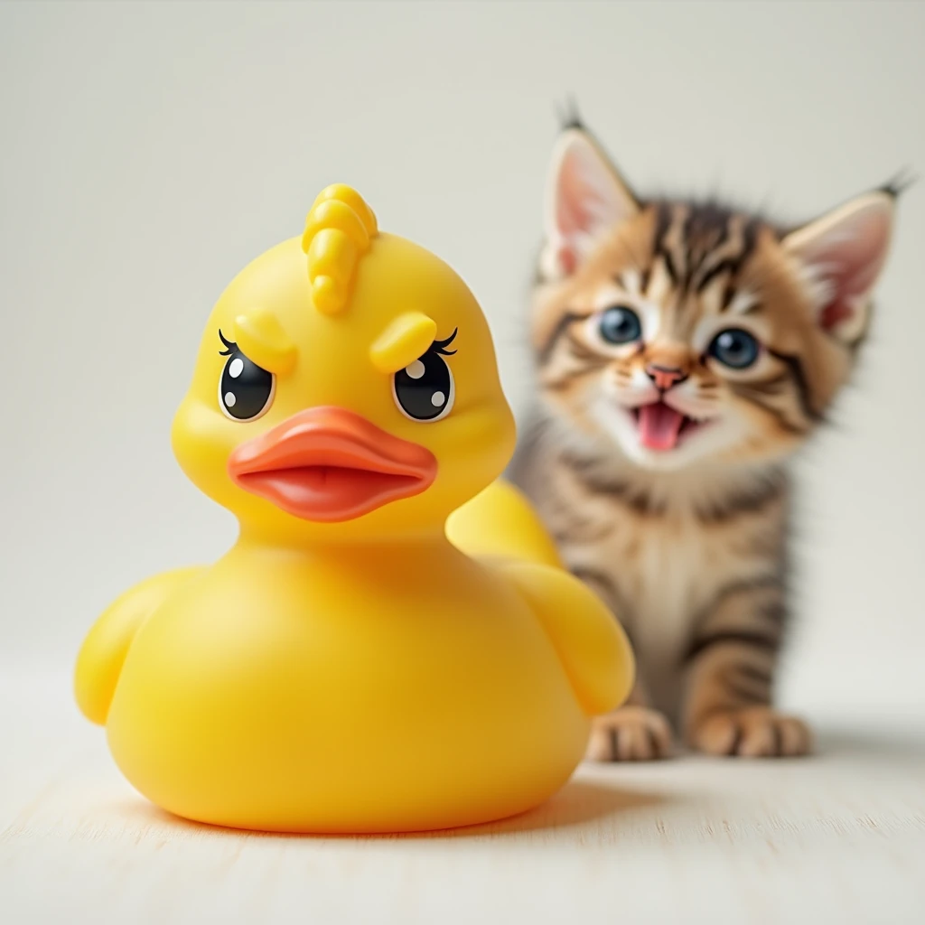 frumpy pouting upset unhappy rubberduck, juxtaposed by the silly adorable too cute precious kitten smiling and photobombing, wordless meme,