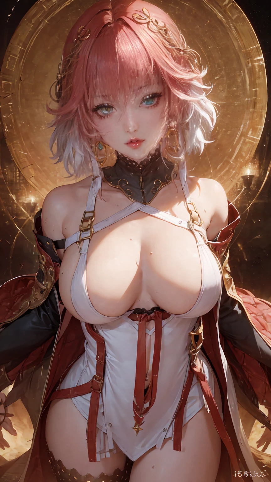 16K, Ultra High Definition, Super detailed, Shiny detailed hair, detailed face, fantasy landscape, solo, looking at viewer, {{best quality}}, {{masterpiece}}, {{ultra-detailed}}, {detailed light}, ultra high quality eyes, detailed eyes, perfect eyes, large eyes, detailed yellow eyes, beautiful lips, red and white hair, short and long hair, golden decorations in the hair, beautiful, curvy body, white skin, slutty, , suggestive