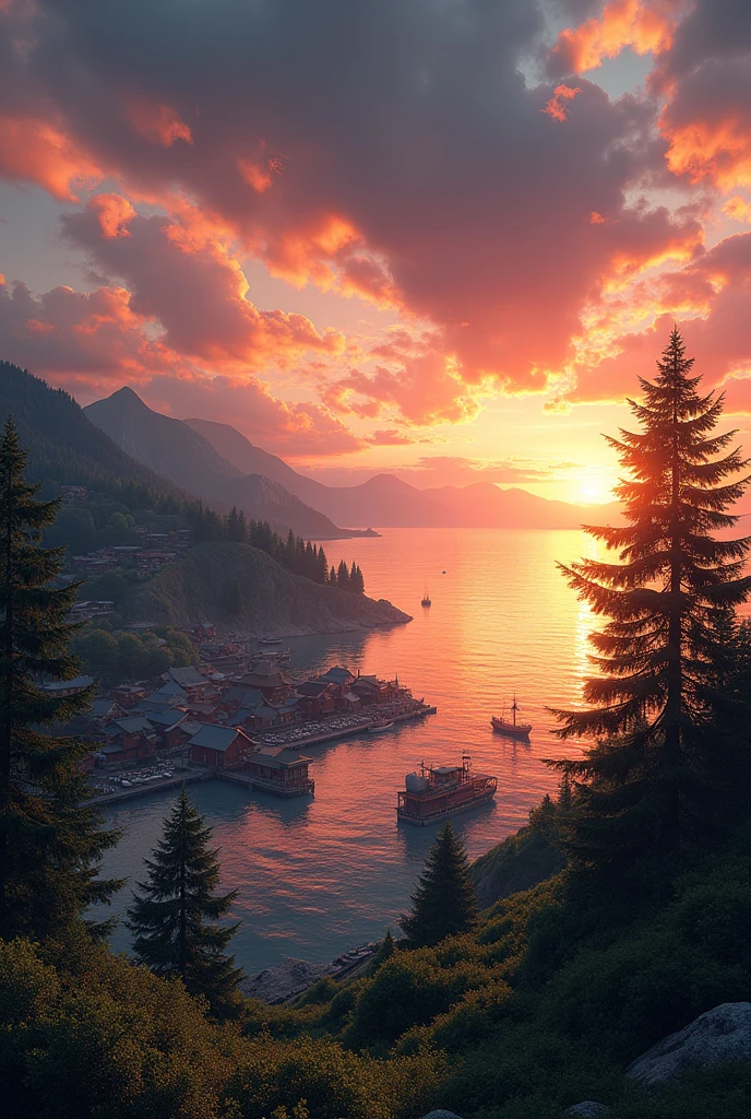 A hill with a good view of the horizon, that there is an orange sunset but that it has a cloudy and dark part in the south of the sky, Add a fishing village with pine trees and a well-defined port