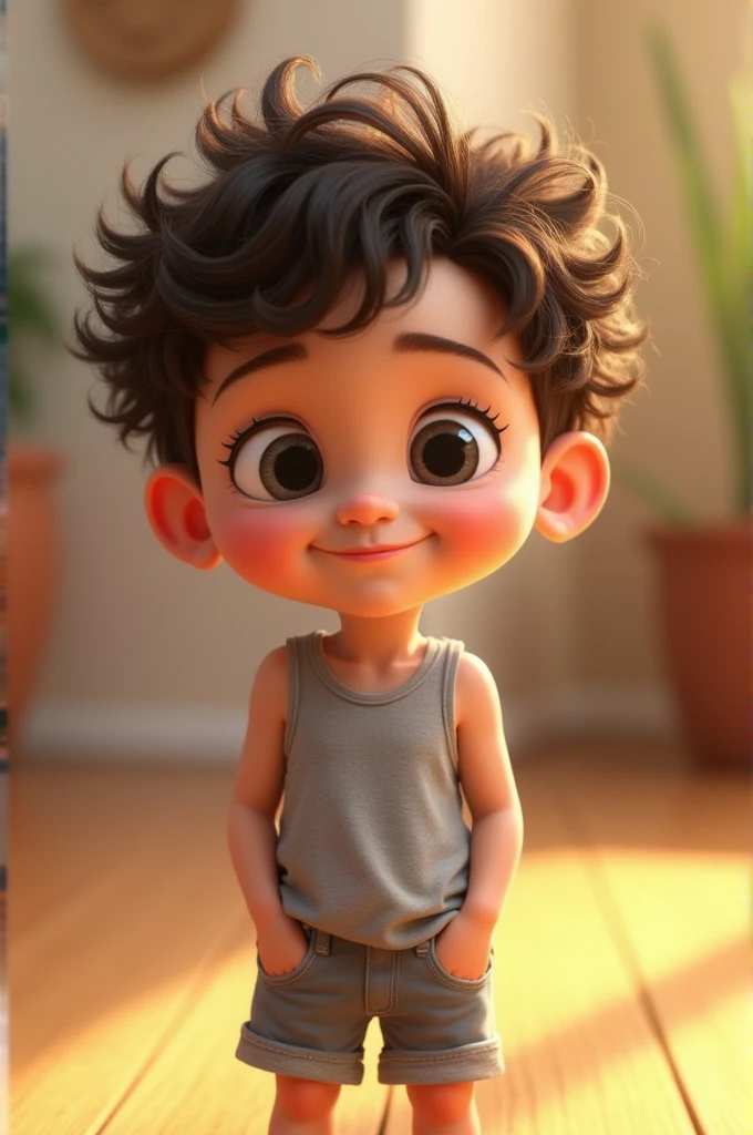 5 year old boy with white skin, grey eyes, curly hair with curls at the ends, wearing shorts and a grey tank top