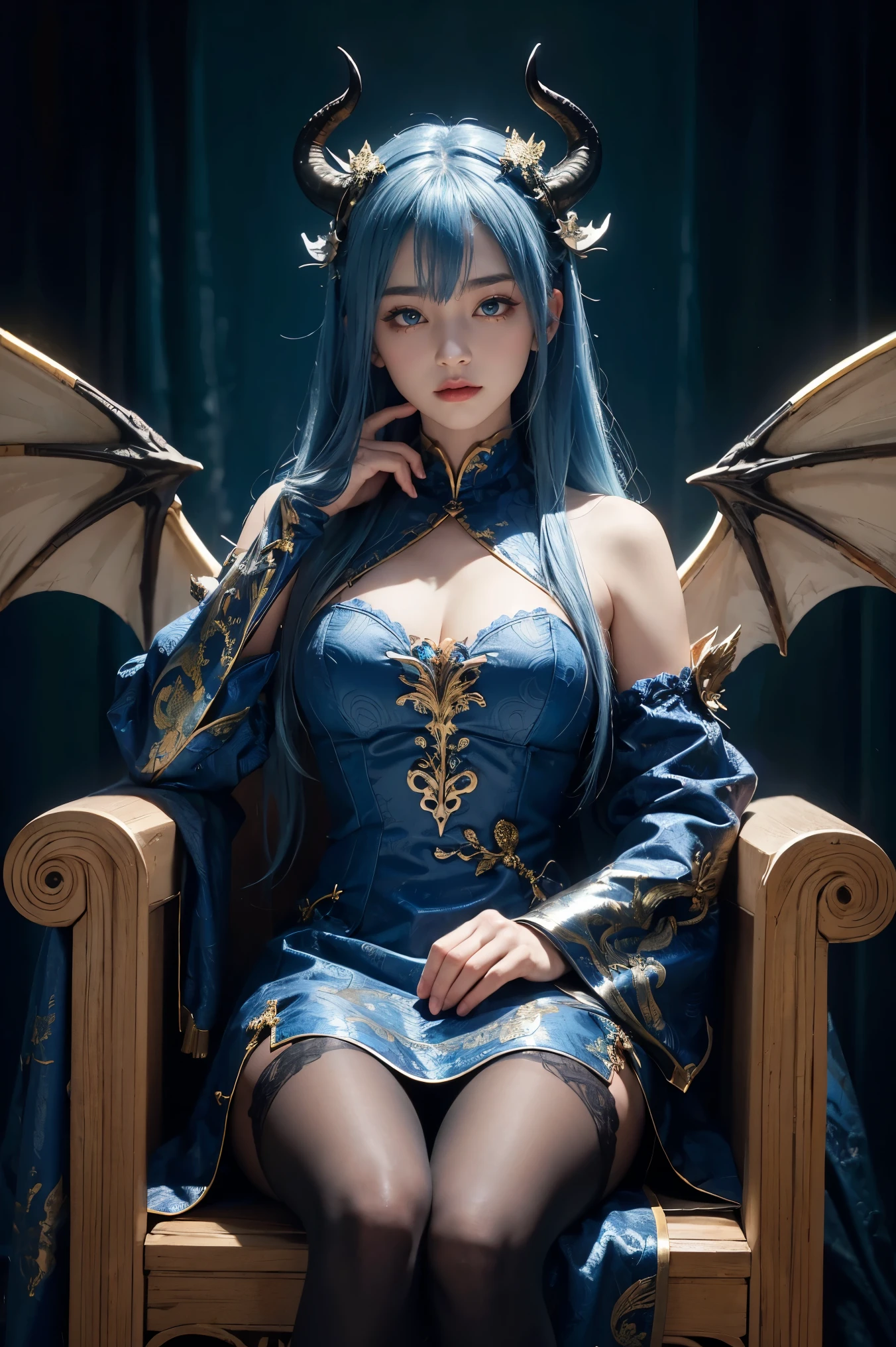 ( Absurdly , high quality , Very detailed,View Photographer)、(Blue Hair)、Queen of the Blue Dragon、Beautifully detailed dragon patterned dress and armor、Dragon-inspired costume、(((Dragon horns and wings)))、Gloves、Tattoo、((Dragon Pantyhose))、Queen of Dragons、(masterpiece, 最high quality, 最high quality, Official Art, Beauty and aesthetics: 1.2), (One girl: 1.3)、Sit in a chair inside a fantasy castle