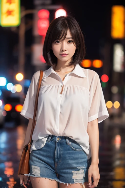 Beautiful woman、Japanese、Standing in the city at night、Heavy rain、downpour、White blouse、Shorts、short hair、Your hair and blouse are very wet、A lonely look、Photorealistic、High definition