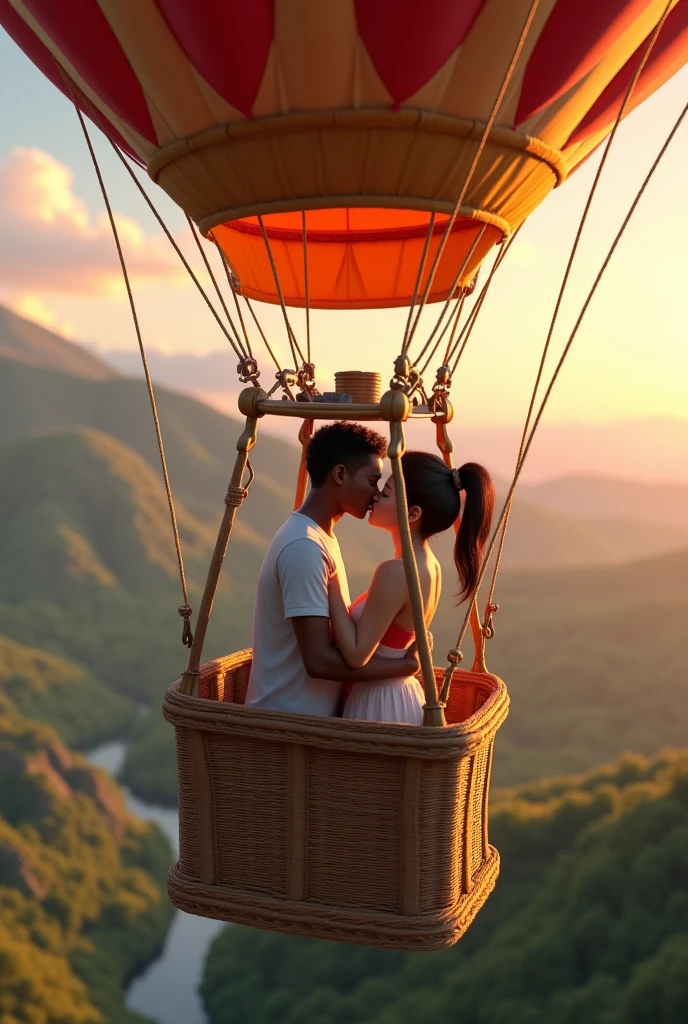 Black boy and white girl kissing flying in a balloon in a beautiful detailed basket high above