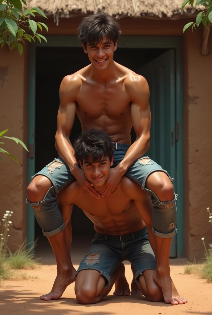 Sexy hot guy with a mischievous smile and tanned body wearing a fit ripped pants is sitting on another boy's back who is crawling on all fours and carrying him at a little clay house