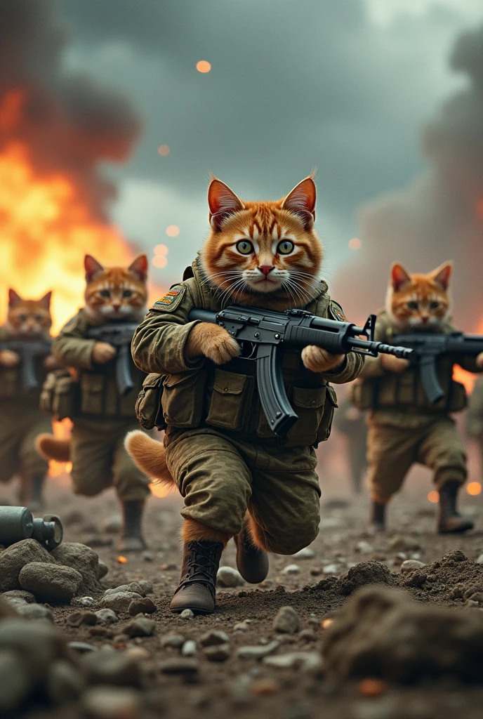 "A chaotic battlefield scene, where many cats, dressed in full military uniform, are engaged in fierce combat. Each cat is armed with an AK-16 rifle and a grenade, showing strong determination as they charge forward. The cats are in various action poses—some are firing guns, some are throwing grenades, and some are taking cover behind rubble. The battlefield is filled with smoke, explosions, and scattered debris, creating a sense of urgency and chaos. The sky above is dark and stormy, adding to the intense atmosphere of the scene. The cats, despite their small size, appear fearless and fully committed to the battle, with their eyes focused and their movements coordinated like well-trained soldiers."