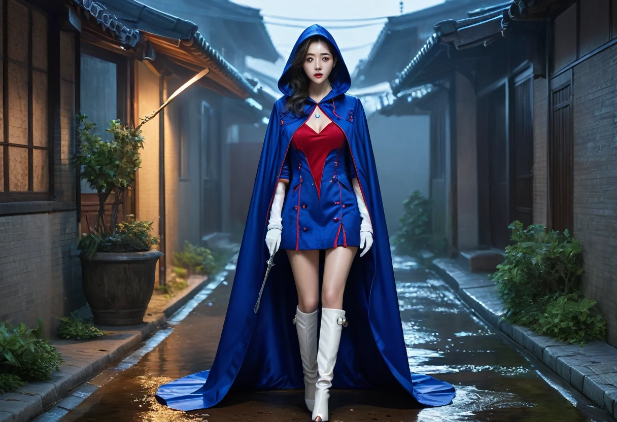 walking South korea women mystery hooded on with modern royal Blue coat with buttons and royal Blue cape and very high white heel over the knee and white gloves, As she reveals a small secret hidden blade, blood stain on her,adding to the character’s mysterious and agile appearance, with small movements of air on the cape, in summer at night under the rain, . The scene is set at night,human corpse, Pool of blood, splash of blood, there was someone behind him wearing the same clothes in an alley in the garden. , intricate detail, ultra detail, incredible detail, intricate detail, extremely detailed and intricate, super max, masterpiece, best quality, HDR, UHD, unreal engine. , beautiful face, Rich in details High quality, gorgeous, captivating, 8k, super detailed, stunning shadows, detailed lines
