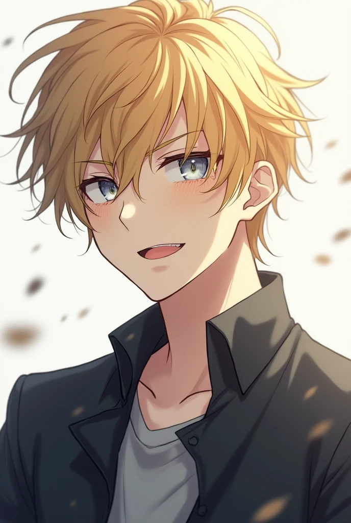 (photorealism:1.2), young man, anime, Blonde, Gray-blue eyes, Smirk, sly smile