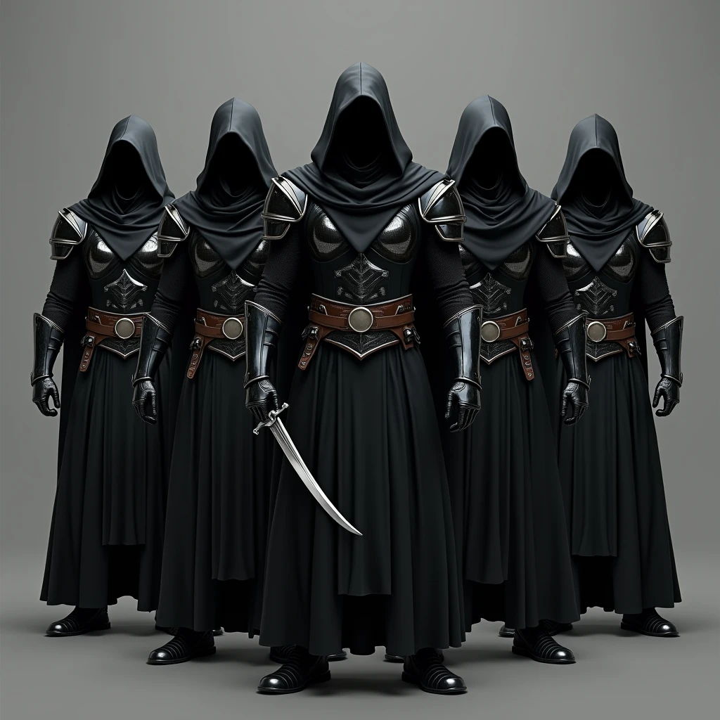 Imperial Assassin Unit, a group with several murderers, Their armor is light and tight fitting. (Black color). Instill fear, Everyone has a dagger in their hands, Each one is in a different position, They all have hoods and capes