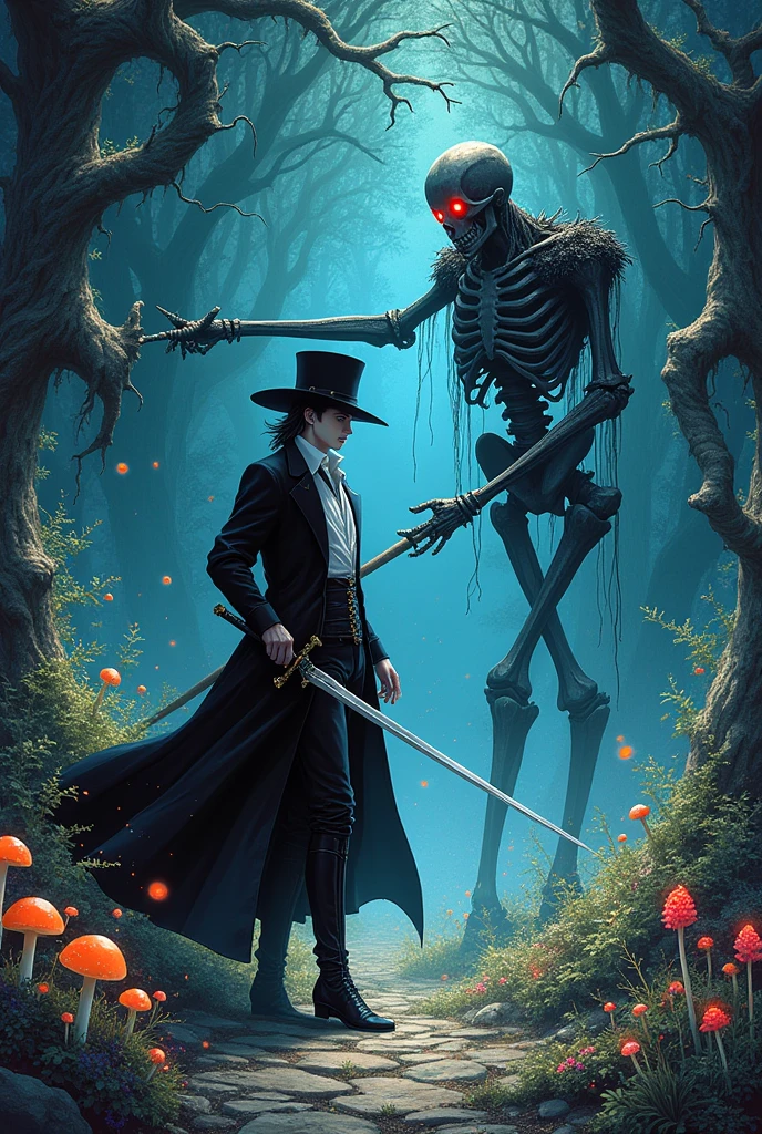 A full-body illustration drawn in the style of Yoshitaka Amano. The character is D from "Vampire Hunter D". He is dressed entirely in black, wearing a long coat and white shirt, and is holding a long sword in one hand. He looks like a European aristocrat. His handsome features, white skin, and black sun hat make him stand out, and he fights fiercely.
 battle with [Skeleton-like body, black armor, red glowing eyes Nightmare Revenant, who wields [Giant battle axe]. D wields a long, thin sword and counterattacks while dodging the attacks of  [Nightmare Revenant]. His elaborately designed black boots enhance his mysterious presence.
The background is a magical forest, with ethereal light streaming in from twisted trees, mystical plants, and glowing mushrooms. The trees have gnarled shapes, and vibrant flowers and glowing particles float in the air, full of magical energy. The entire illustration is drawn in Yoshitaka Amano's characteristic fantastical and delicate style.
