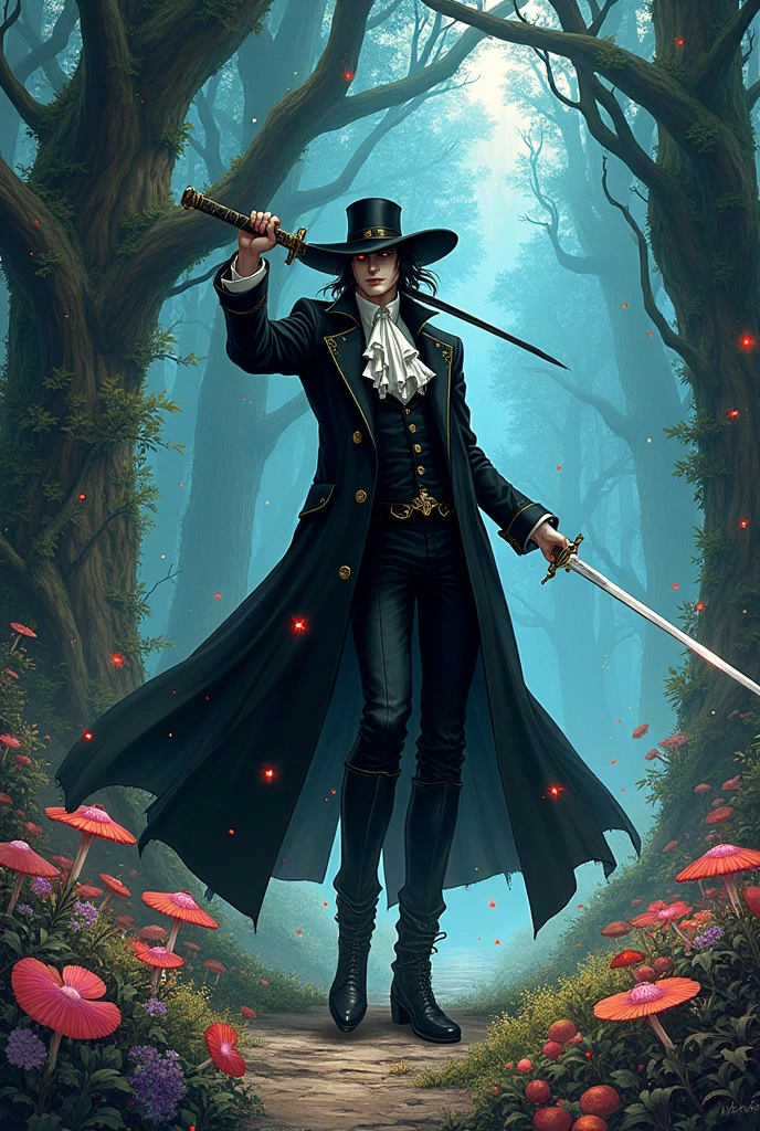 A full-body illustration drawn in the style of Yoshitaka Amano. The character is D from "Vampire Hunter D". He is dressed entirely in black, wearing a long coat and white shirt, and is holding a long sword in one hand. He looks like a European aristocrat. His handsome features, white skin, and black sun hat make him stand out, and he fights fiercely.
 battle with [Skeleton-like body, black armor, red glowing eyes Nightmare Revenant, who wields [Giant battle axe]. D wields a long, thin sword and counterattacks while dodging the attacks of  [Nightmare Revenant]. His elaborately designed black boots enhance his mysterious presence.
The background is a magical forest, with ethereal light streaming in from twisted trees, mystical plants, and glowing mushrooms. The trees have gnarled shapes, and vibrant flowers and glowing particles float in the air, full of magical energy. The entire illustration is drawn in Yoshitaka Amano's characteristic fantastical and delicate style.
