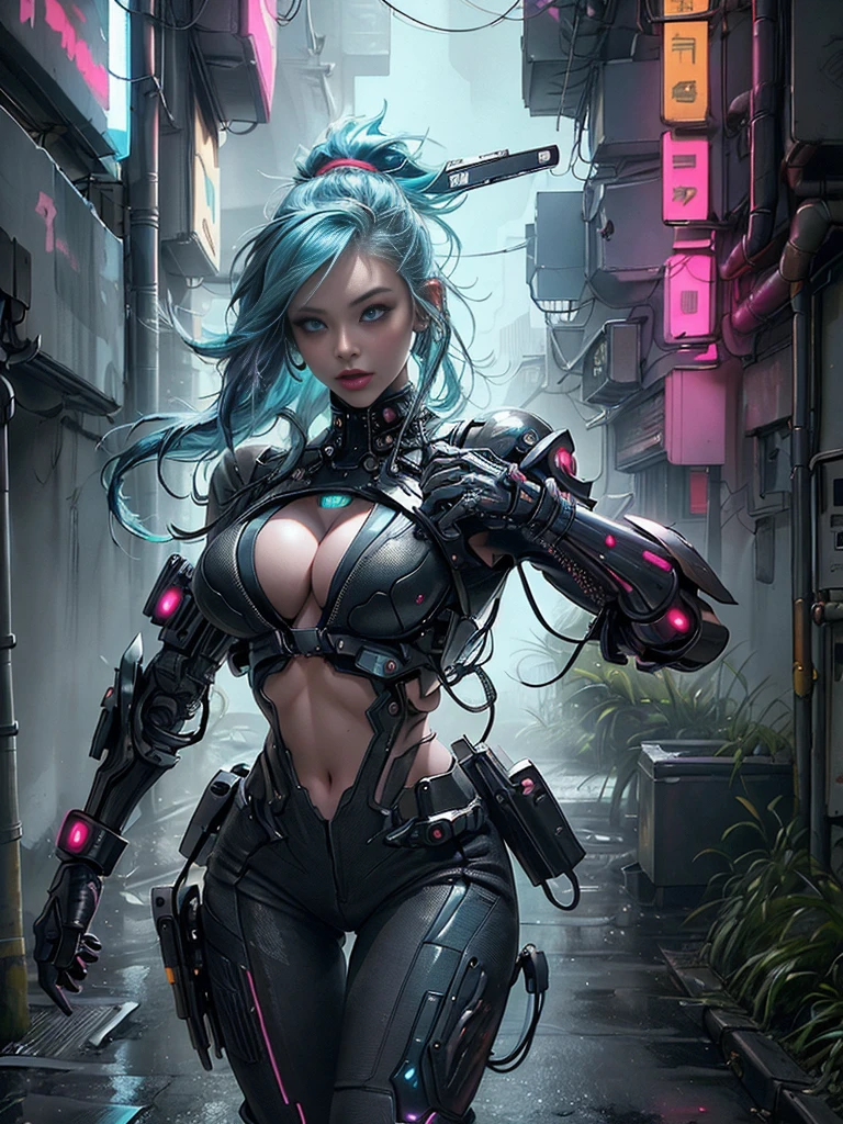 cyber punk Girl,(top-quality、8K、32K、masterpiece、nffsw:1.3)、(The ultra -The high-definition)、(Photorealsitic:1.4)、Raw photography, long neon blue hair, Perfect vibrant yellow eyes and long detailed eyelashes, huge enormously gigantic tits, cleavage showing, wearing futuristic battle armor, tons of tattoos and piercings, Charming perfect figure,actionpose:1.2,Detailed cyberpunk fashion、futuristic World of Cyberpunk,cherry blossoms blowing in the wind, depth of fields, highly detailed backround,、