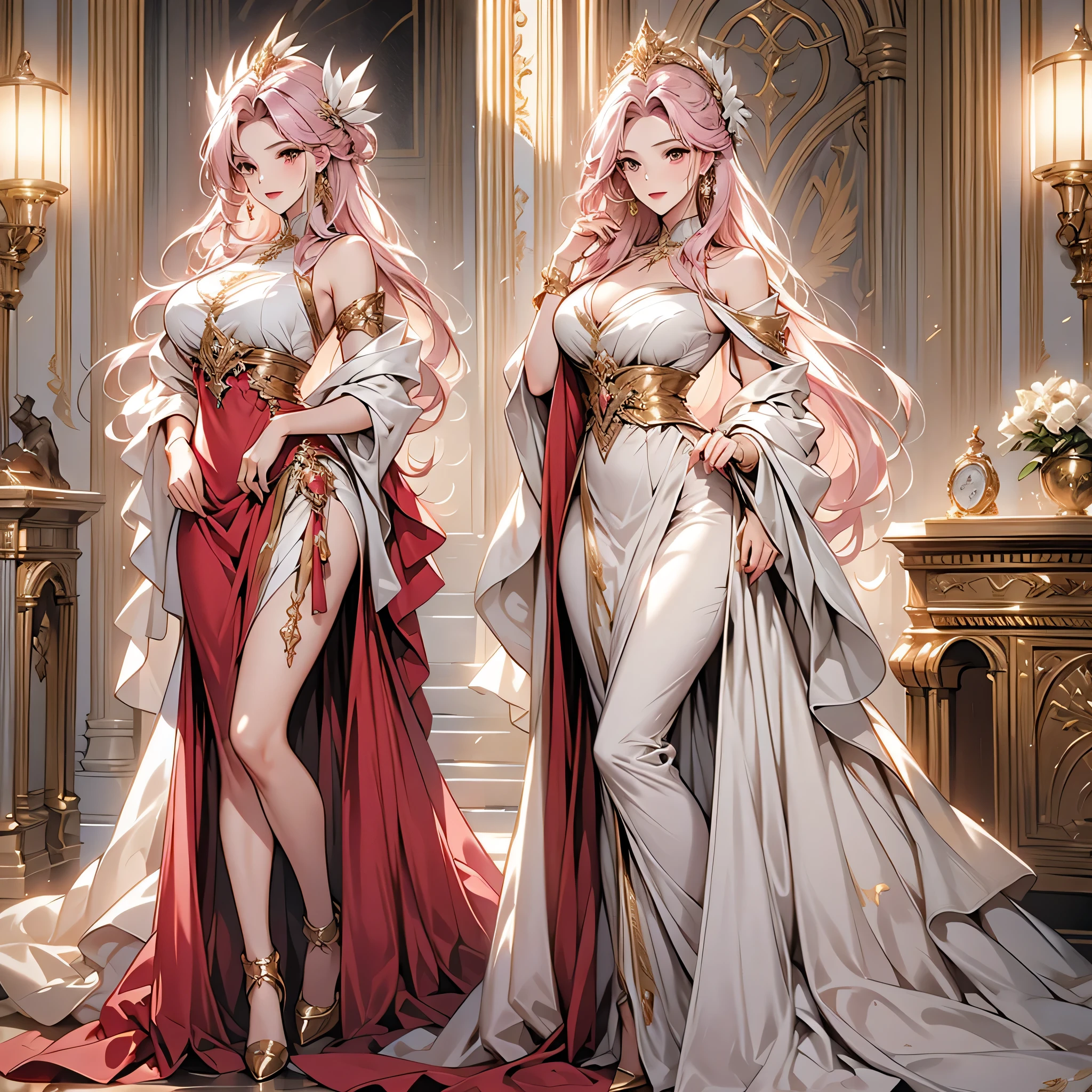 ((masterpiece, of the highest quality)), detailed face, character design sheet,Whole body、full of details, Very detailed, depth, many parts,beautiful girl,cinema lighting,The light shines,pink and gold,phoenix decoration,light thread,career,careerパンスト,High heels、big breasts, earrings, sexy. pink hair . Characters find themselves facing a large palace.