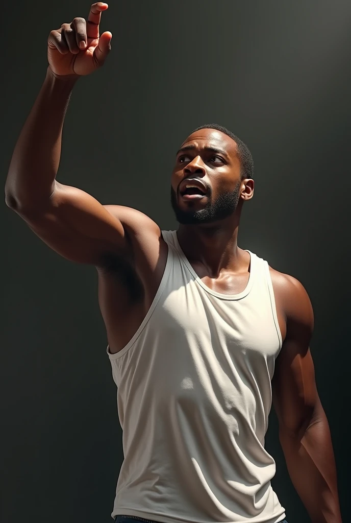 Skinny black man in white tank top, CJ, with his right hand raised, speaking