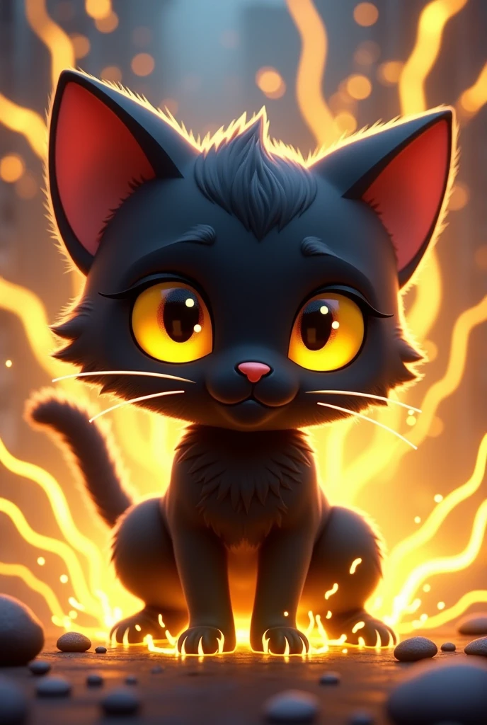 Create a game character of a cute chibi-style black cat with yellow eyes in a lightning element theme, rendered in a Disney Pixar 3D art style. The cat should be in a battle-ready pose, crouched low with one paw extended forward, lightning crackling from its claws, and its tail arched, emitting electric sparks. The background should include a vibrant and dynamic scene with electric sparks, lightning bolts, and a neon black and yellow color scheme.