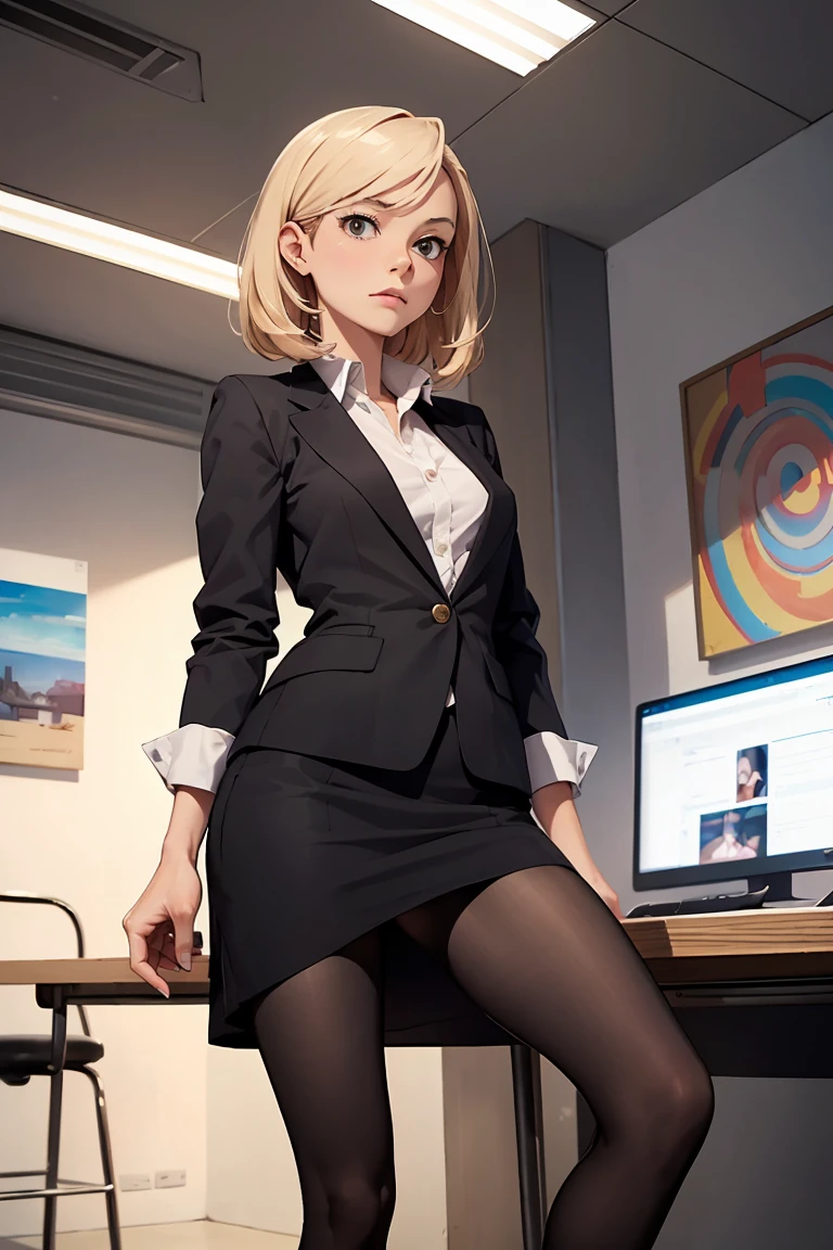 ((gwen tennyson)), ​masterpiece, sitting, office background, minimalist art, detailded, meticulous art, No defects, character focus, cenário detailded, body providing, beautiful  face, flushed, gaping mouth, Body cute, long hair, front view, animated cartoon, arte anime, perfect art, perfectionism, (1 girl), (standing alone), (((Maximum quality))), (adult  woman), ((secretary clothes)) Transparent robe, lingerie, sitting em uma cadeira de escritório, seducing, sexly, nice legs, legs showing, pantyhose ((legs spread open))