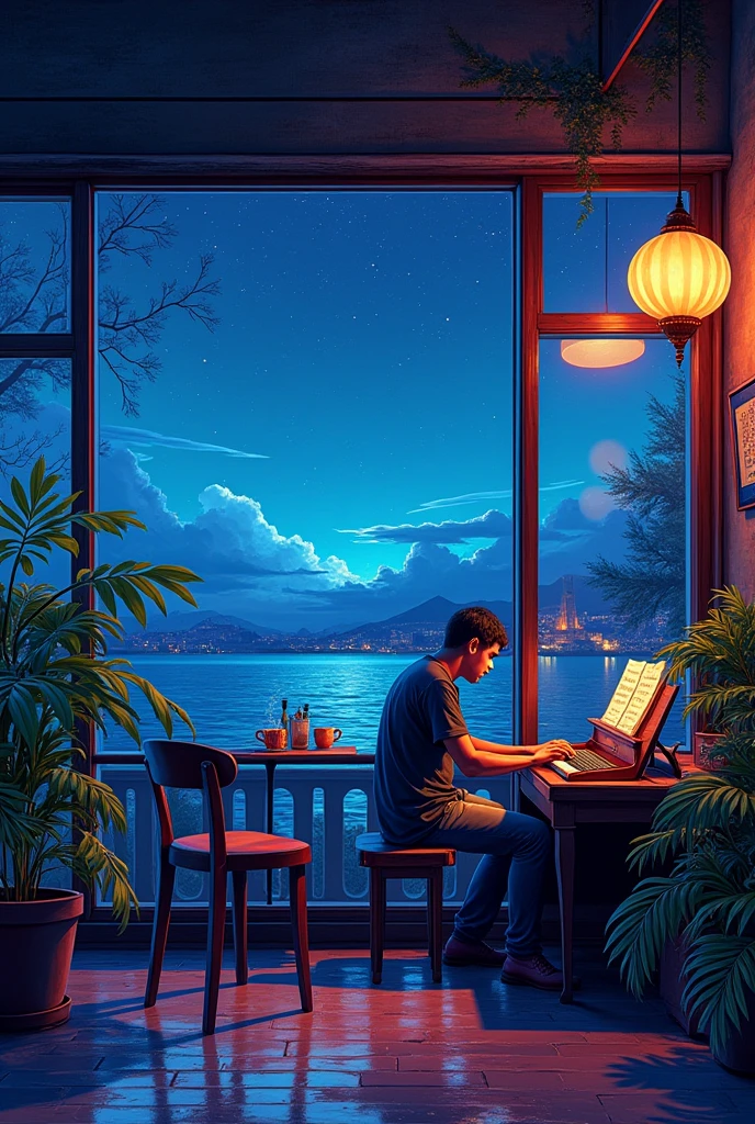 A cafe where piano jazz plays， dream, please wear headphones, night light, Neon landscape on a rainy day, analog color theme, lo-fi hip hop , retrospective, flat, 2.5D ,Draw a line, ink painting, Osaka road, watercolor painting, gouache color, studio ghibli style, very colorful, outerton, Krautlock, Lofiato,old texture, amplitude,Psychedelic atmosphere, masterpiece, Technology of Wonders,on the bed，Darken the room，A beautiful night seaside with a starry sky outside the window