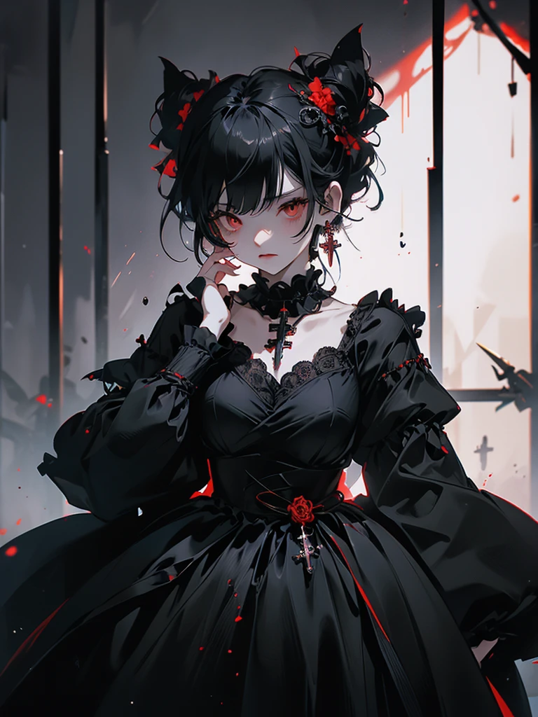 Diabolical、wearing a naughty dress、Red Eyes、Wearing a black aura、gazing at viewer、Best image、masutepiece、Cross earrings、Pretty Woman、sexy dress、