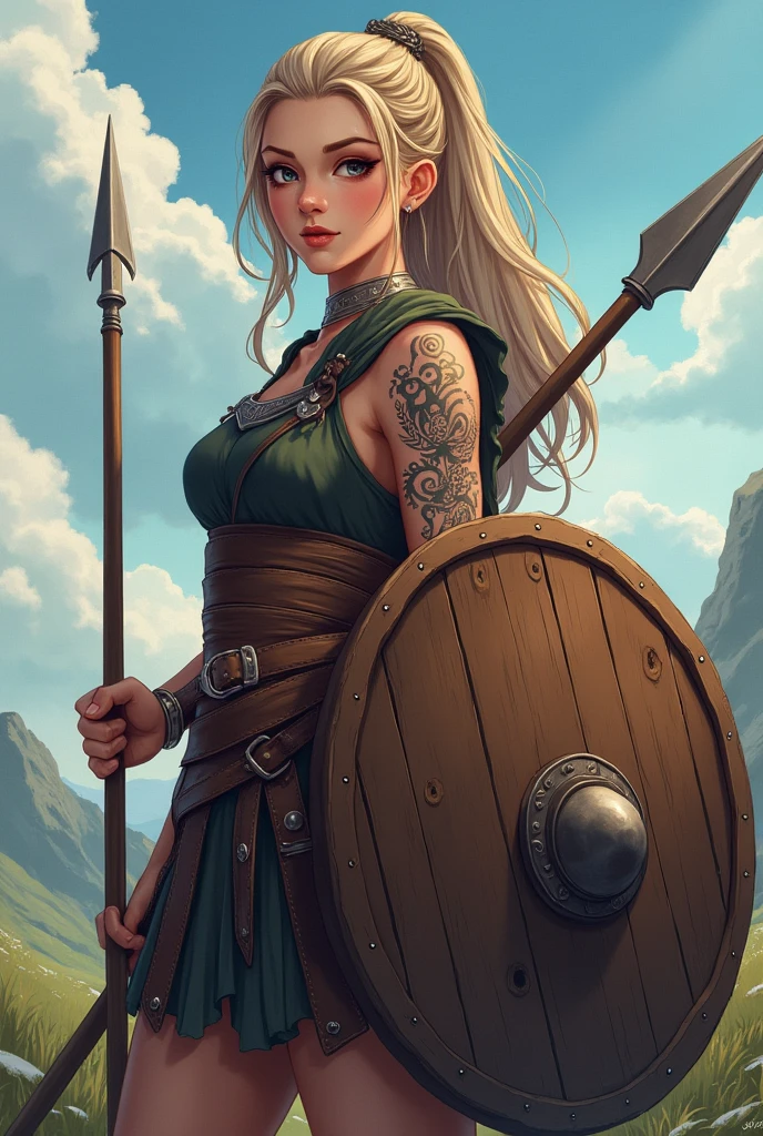 Strong female viking warrior holding a spear and a wooden round shield, viking tattoos on her face and arm, anime style