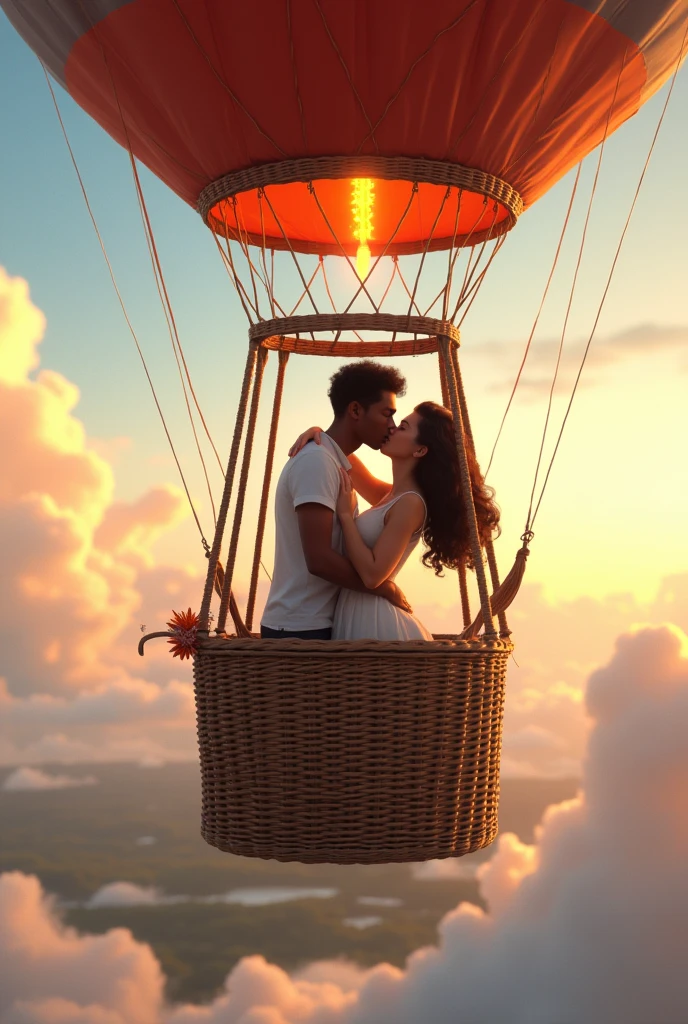 Black boy and white girl kissing flying in a balloon in a beautiful detailed basket high above