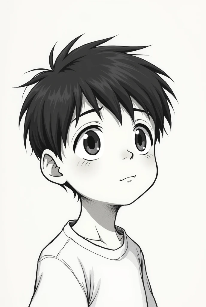 (((ghibli style))) a black and white boy with slanted eyes looking to the side 
