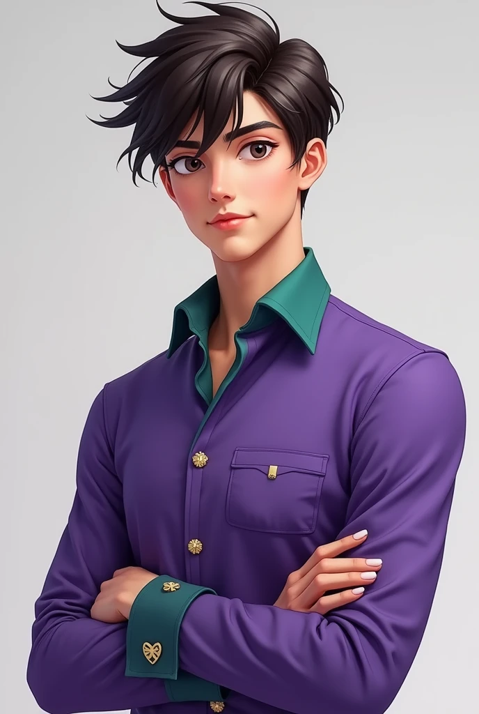 Draw a man with a purple shirt that has a double cufflink., with the green collar and the young man.
Remove the front pocket The previous image but only remove the front pocket of the shirt