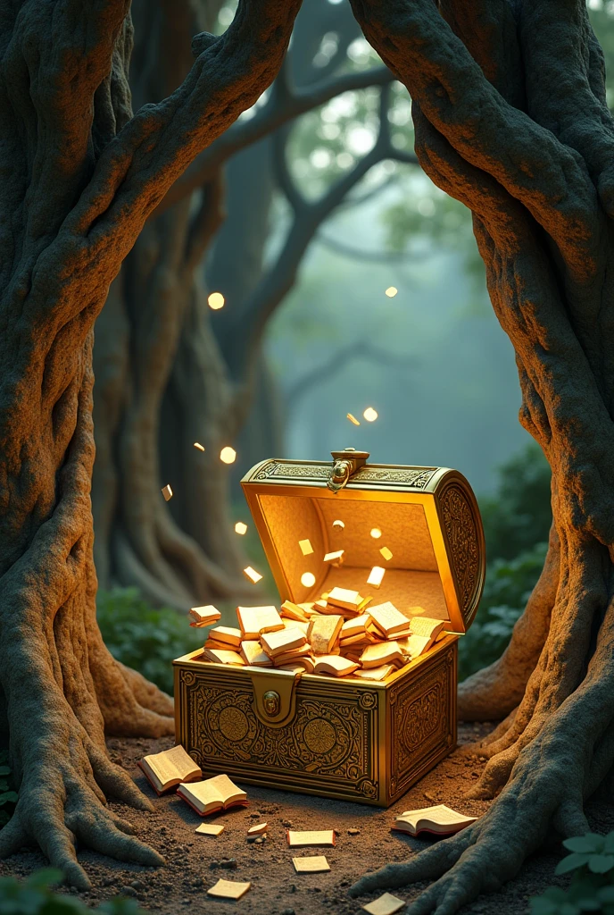 Inside a hollow tree an open golden chest with animated books inside