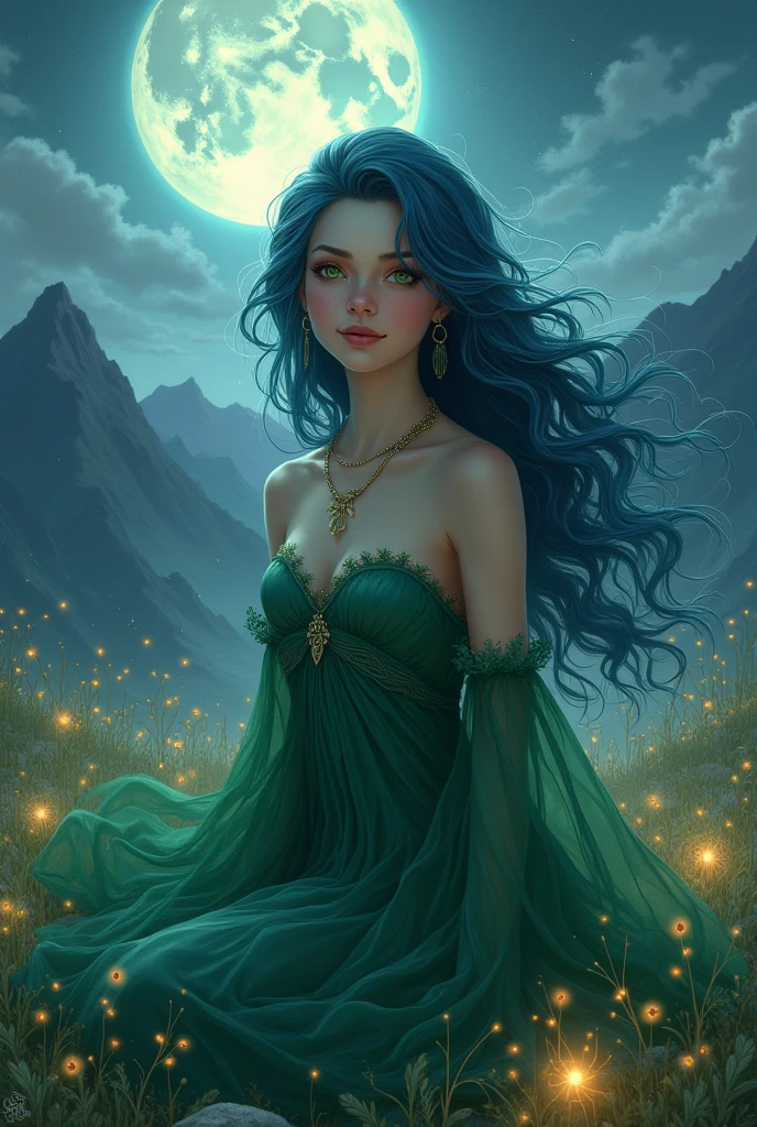 Indigo hair, green dress, green eyes, moon, moonlight, mountains, smiling, looking at viewer, fireflies, clouds, crystals