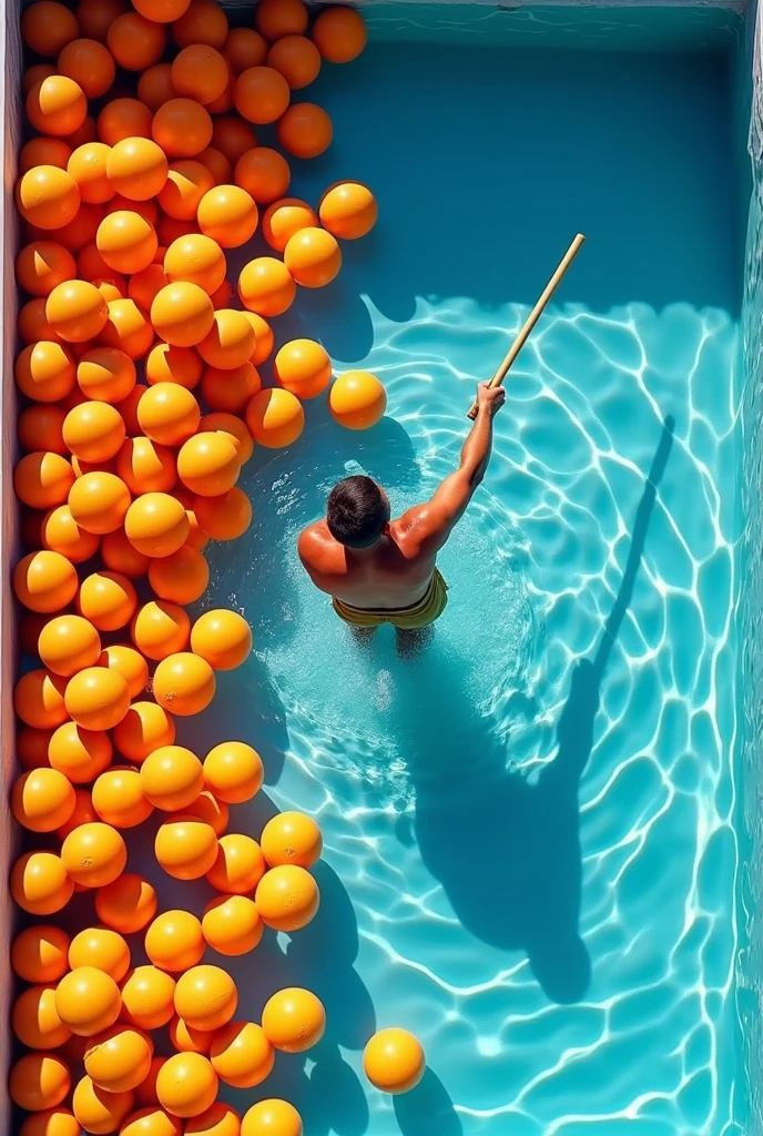 I need an image of a pool containing small inflatable balls that are being distributed by a person. (man) with a stick in the center of the pool. The image must be viewed from a top-down perspective.. But let the whole pool be seen. that the image is larger so that everything can be seen and that the balls are of the same color, in this case orange. GOOD, that the person continues to hold the ball as if he were placing it in different places. And another thing is that the image should be wider, that is to say, that it should be seen from a higher perspective.. Very good is the last image, But I also want the edges or frames to be visible, which define the shape of the pool.