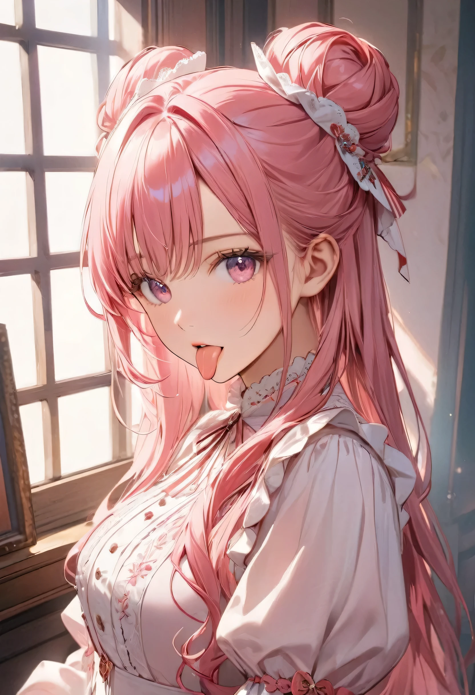 ((Highest quality))、((masterpiece))、(detailed)、High resolution、Perfect Face、detailedな目、 (Hair Ribbon:0.4), Pink Eyes,(((White bun hair))),(((Pink long hair))),Cinematic lighting、1 beautiful girl、victorian blouse、Gorgeous embroidery、Medium chest、Sticking out tongue