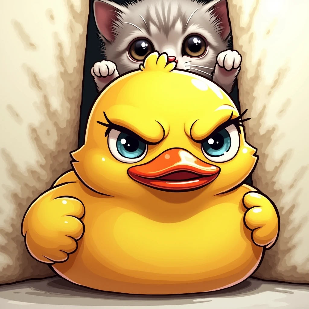 frumpy pouting upset unhappy rubberduck, juxtaposed by the silly adorable too cute precious kitten smiling and photobombing, wordless meme, cartoon,
