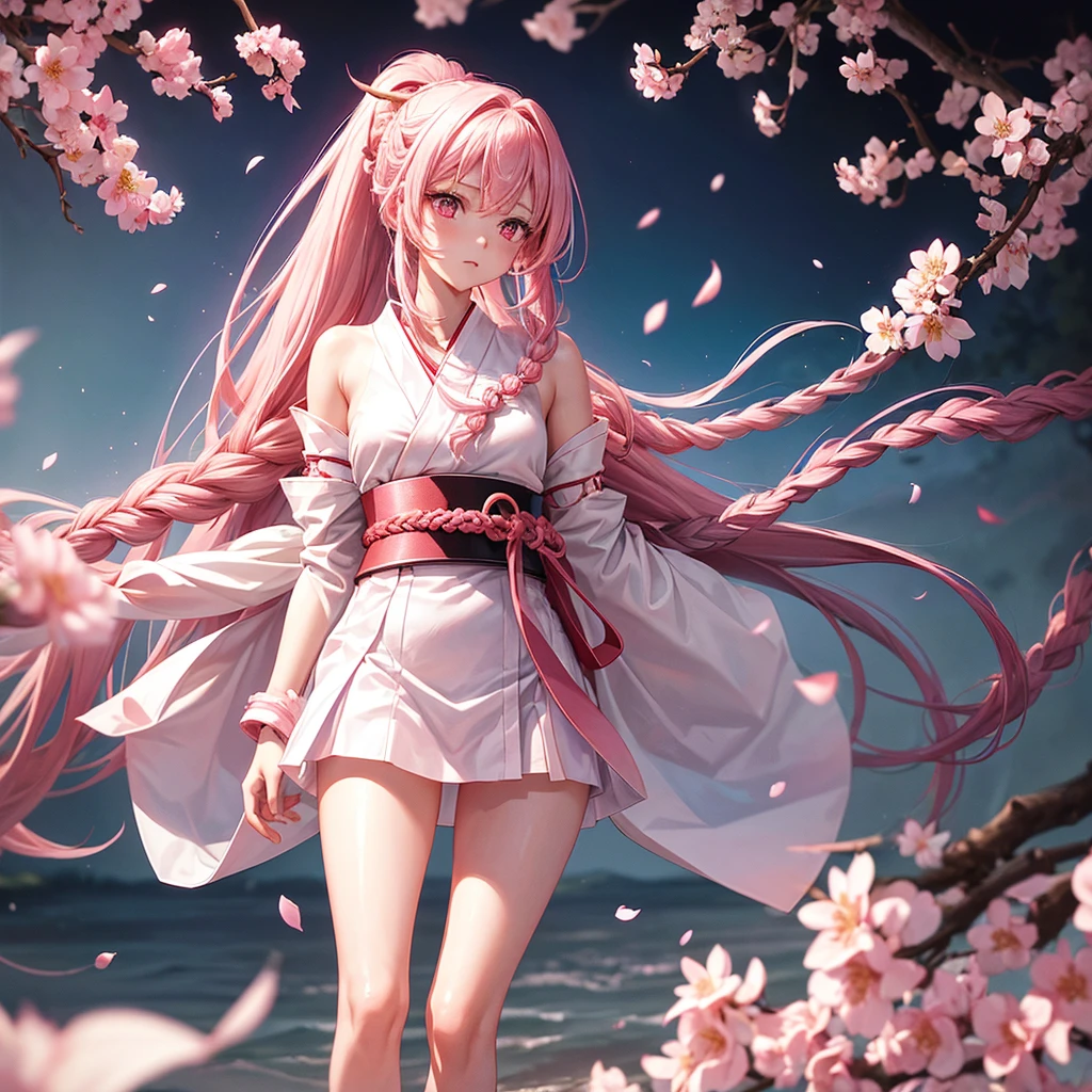Girl, 17 years old, fair skin, long pink hair braided in a ponytail, pink eyes, white yukata with open legs and sakura petals, slim, beautiful bare legs, black belt, white gloves, red sakura flowers, pink long cloak, detailing, perfect, red and black bracelets on legs and arms, high white stockings