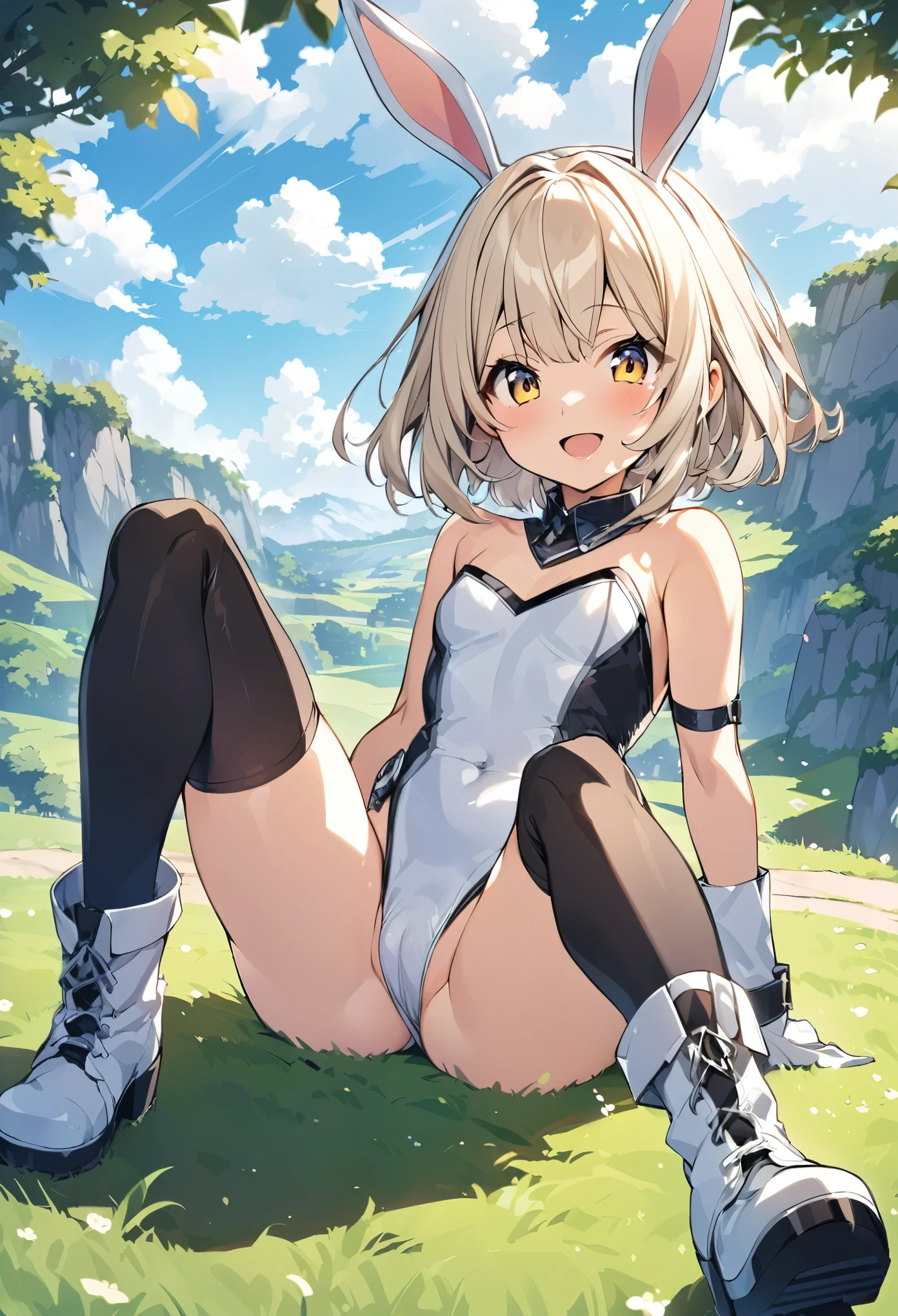 ,ung_teeirl,brown_hair,medium_bob_hair,platina_blond_hair,white_leotard,covered_crotch,thigh-highs,smile,standing,bluesky_landscape_background,slightly_spread_legs,happiness, short_gloves ,solo, r18, navel,relicbuster,short,boots,open_mouth,sitting,knees,bunny_ears