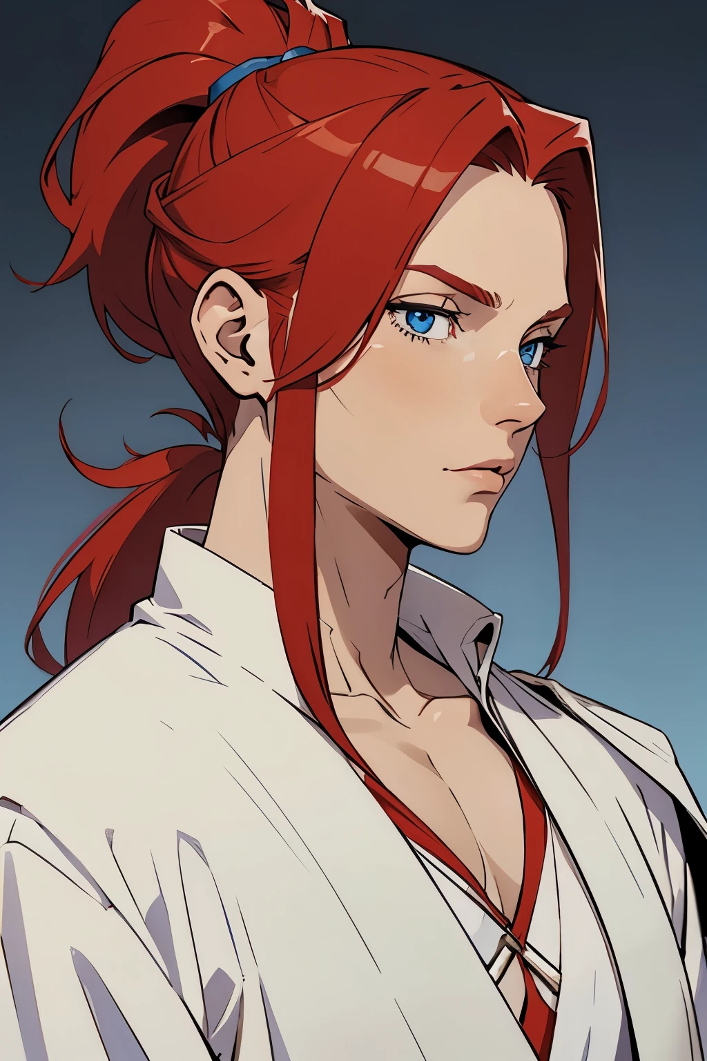 man, red hair pulled back into a ponytail, Blue eyes, white priestly robe, shoulder length portrait