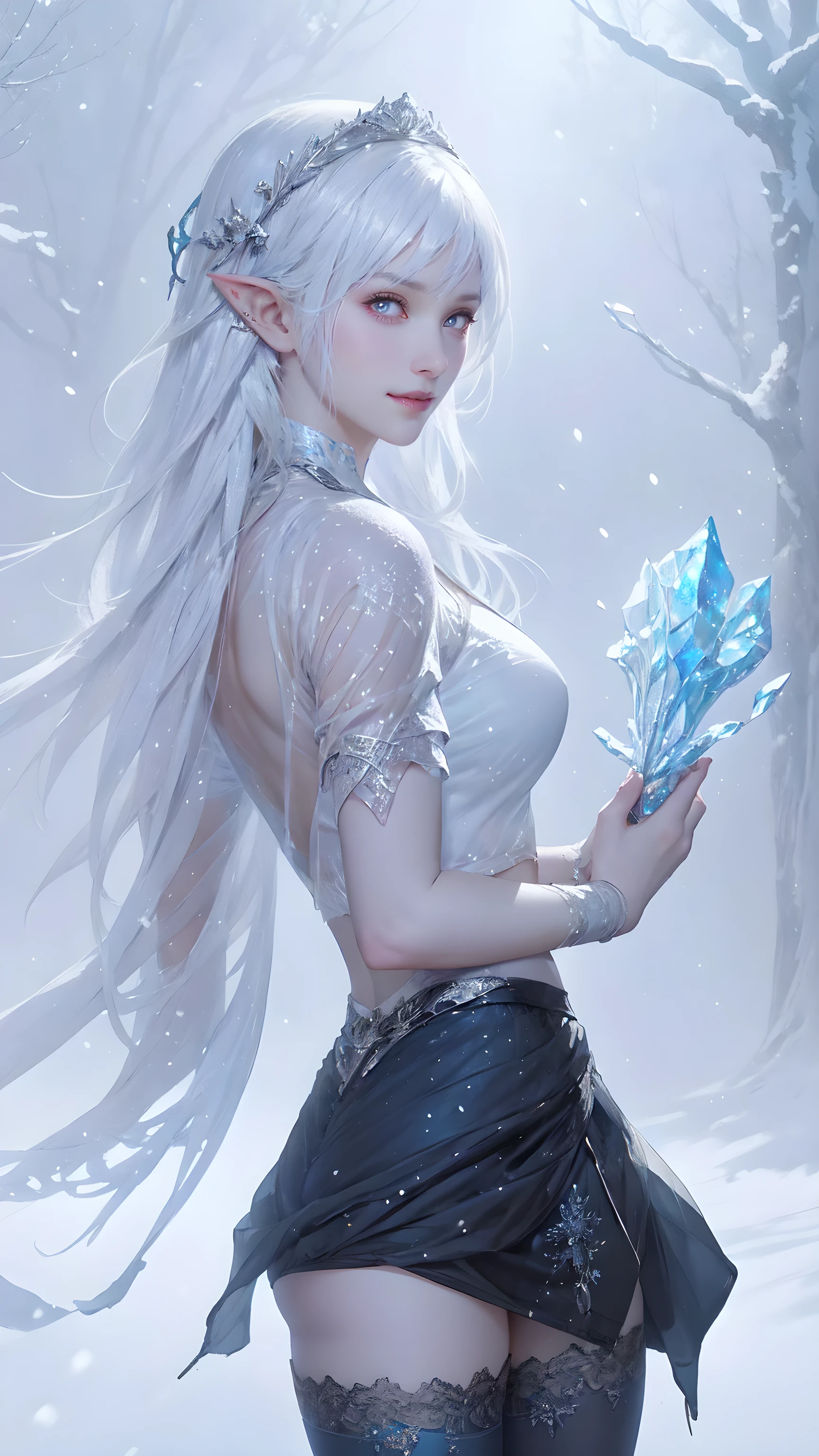 (best quality, high resolution, Extremely detailed, current), White, A world covered in silver, Tree branches covered with snow, touch chill of winter, Snowflakes dance like elves, Turn the world into a silver fairy tale, chill, Quiet and beautiful snow scene., Comfortable and quiet, (Art at Sea 2.1), (Background of frozen white trees and falling snow:1.4) , (Beautiful blue eyes，Big black stone:1.4) , (Cowboy pose), (Practical) ,8k high quality detailed art, Fan Art Best Artstation, Fantasy art style, (Black Lolita Short Pull Up Sheer Mini Skirt:1.4), (showing pussy),(hairy), , White leggings,