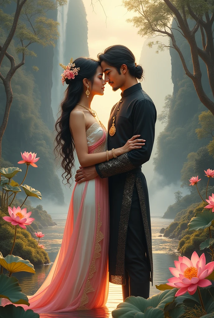 full lenght, full body picture of a handsome young man, sharp and strong in a Thai style, with long black hair tied loosely, with a faint mustache, wearing a black Thai dress with silver and gold sparkles, a gold amulet around his arm, embracing a beautiful young woman in a white and pink Thai dress, with long black hair, with pink and orange lotus flowers around, glowing and shimmering, a masterpiece of art, seen in all directions, glowing and shimmering beautifully, with a Thai Naga, a beautiful mountain and waterfall scene, a three-dimensional picture, an oil painting, an art picture by Ajarn Chalerm Chai