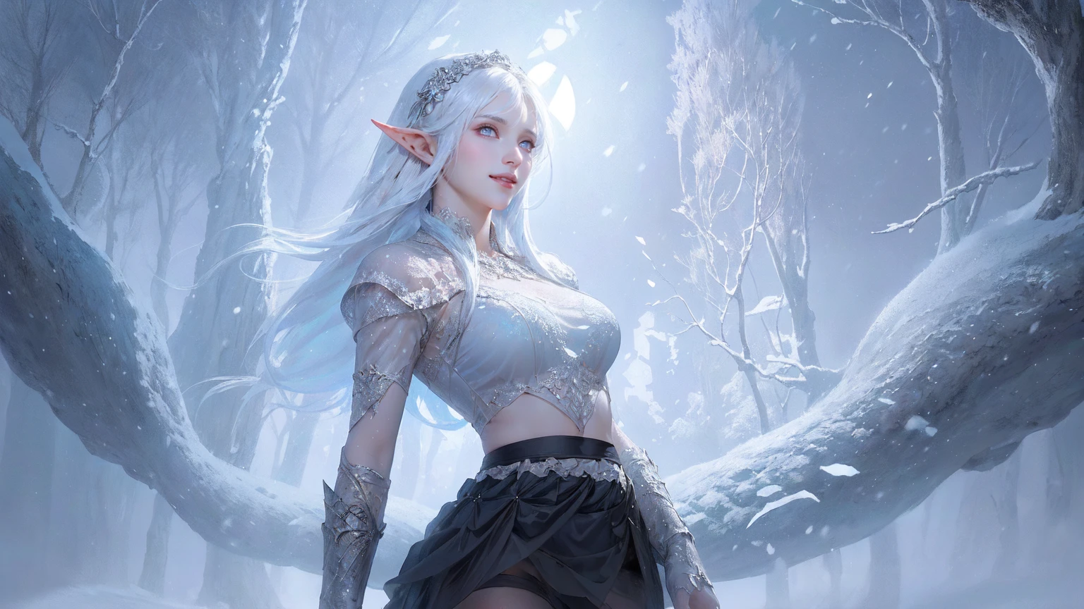 (best quality, high resolution, Extremely detailed, current), White, A world covered in silver, Tree branches covered with snow, touch chill of winter, Snowflakes dance like elves, Turn the world into a silver fairy tale, chill, Quiet and beautiful snow scene., Comfortable and quiet, (Art at Sea 2.1), (Background of frozen white trees and falling snow:1.4) , (Beautiful blue eyes，Big black stone:1.4) , (Cowboy pose), (Practical) ,8k high quality detailed art, Fan Art Best Artstation, Fantasy art style, (Black Lolita Short Pull Up Sheer Mini Skirt:1.4), (show),(hairy), , White leggings,