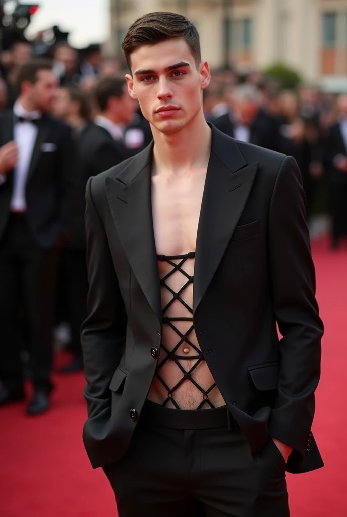 Young cute handsome skinny white face beautiful soft skin shirtless in suit on a red carpet wearing jacket with mesh criss-cross bustier age 27 short hair cute man