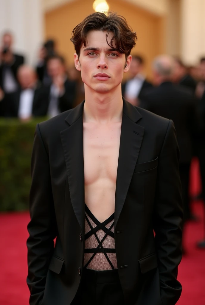 Young cute handsome skinny white face beautiful soft skin shirtless in suit on a red carpet wearing jacket with mesh criss-cross bustier age 27 short hair cute man