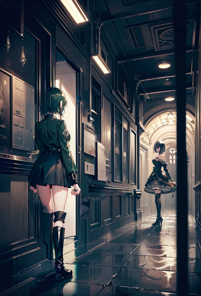 (girl),(((Adult))),(Green Short Hair),((The girl wear a black knight uniform)),((Black long boots)), Black mini skirt,Black knee socks(rage),(beautiful slender girl),((Adult)),retreating figure,back view,backward appearance,appearance from behind,