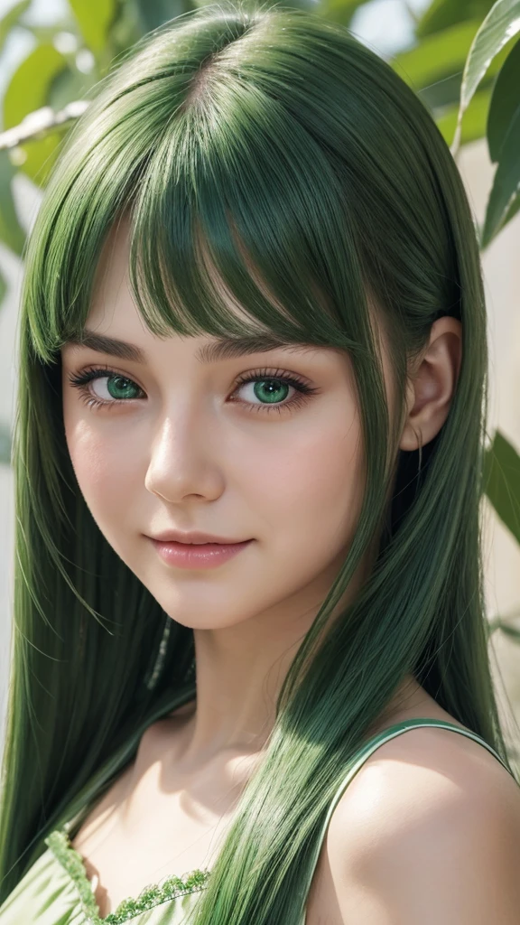 a girl, european, extremely detailed face, oval face, delicate facial features, charming and extremely detailed half-closed eyes, green eyes, long straight and very thick hairstyle, green hair, cheerful mood, soft and gentle expression