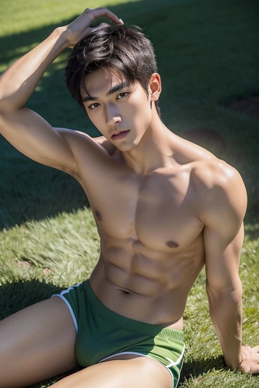 Create a 64k virtual photo of a football field background, beautifully manicured green grass, warm and gentle morning sunlight, quiet, low angle portrait of a Thai-Korean mixed male ager, handsome and dark face, fine tanned skin, short hair, well-proportioned body, beautiful muscles, wearing lemon green underwear, sitting with legs spread wide on the grass.