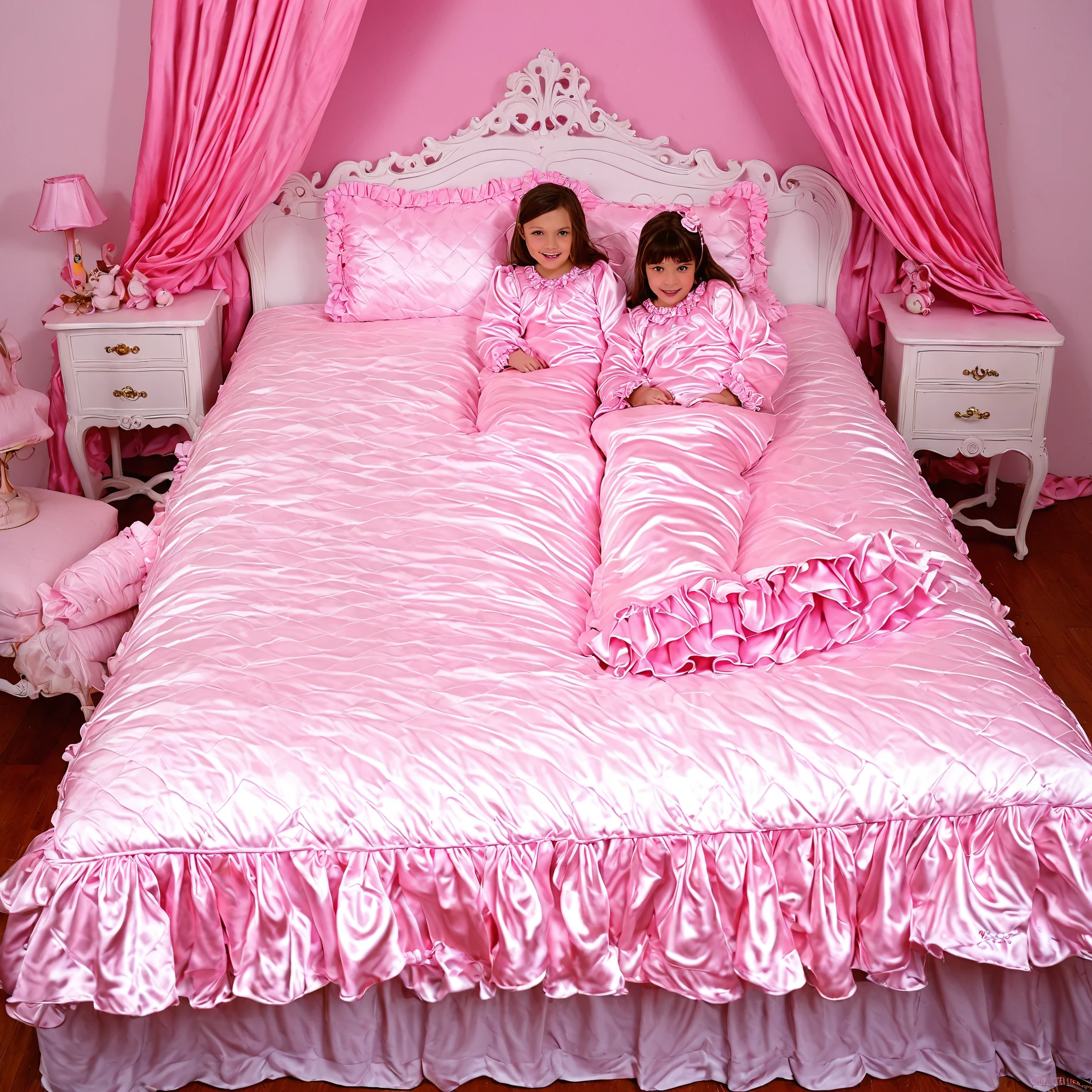 A sissy girl of 12 years old, a plump quilted silk satin nightgown, long sleeves,frilled sleeves,children's mittens without fingers, a bed with a mountain of silk satin pillows,sissy canopy bed,king size bed,more big bed,lot of frilled pink pillows,more pillows, A plump qulited silk satin pink devet,ruffles lace silk.retro white pipe bed frame, A large silk satin ruffled duvet covers the entire bed, 