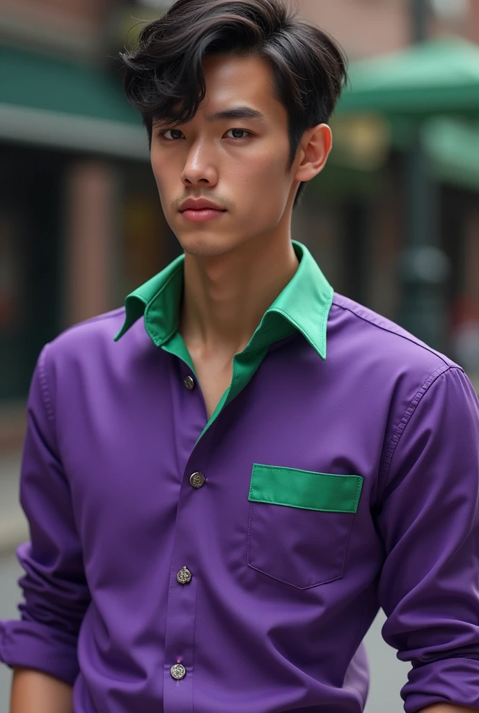 Draw a man with a purple shirt that has a double cufflink., with the green collar and the young man, that the shirt does not have a pocket in front 
