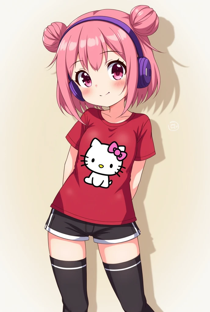 A kawaii girl with pink hair with buns on the sides, medium chest, Slender waist and long, defined legs with thighs. Wearing Vans-style tennis clothes with black knee-high socks that squeeze the thigh., Red tight-fitting anime print t-shirt with purple kitty headphones Pink round eyes Hazelnut shape Full body