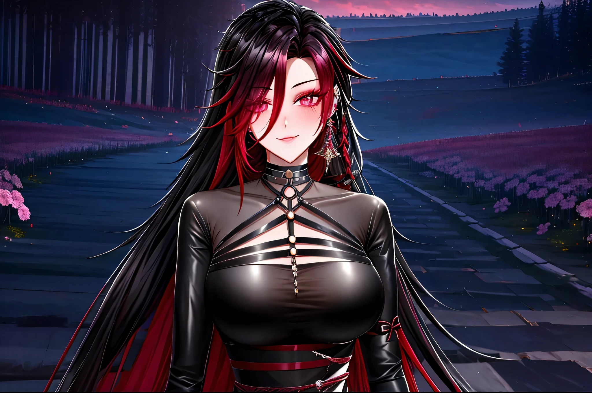 shoujo style, frosty style, (romantic manhwa), 1 girl, black cyclamen hair, solo, long braided hair, long braid, dress, red cyclamen eyes, mascara, makeup, elbow gloves, bra, jewelry, many ear piercings , viewer, collarbone, accessories, upper body, parted bangs, braided hair, side braid, black dress, bangs, outdoors, detailed eyes, dynamic cut, walking in a rose field at night, flowers, warm, summer environment, beach, evil smiles 