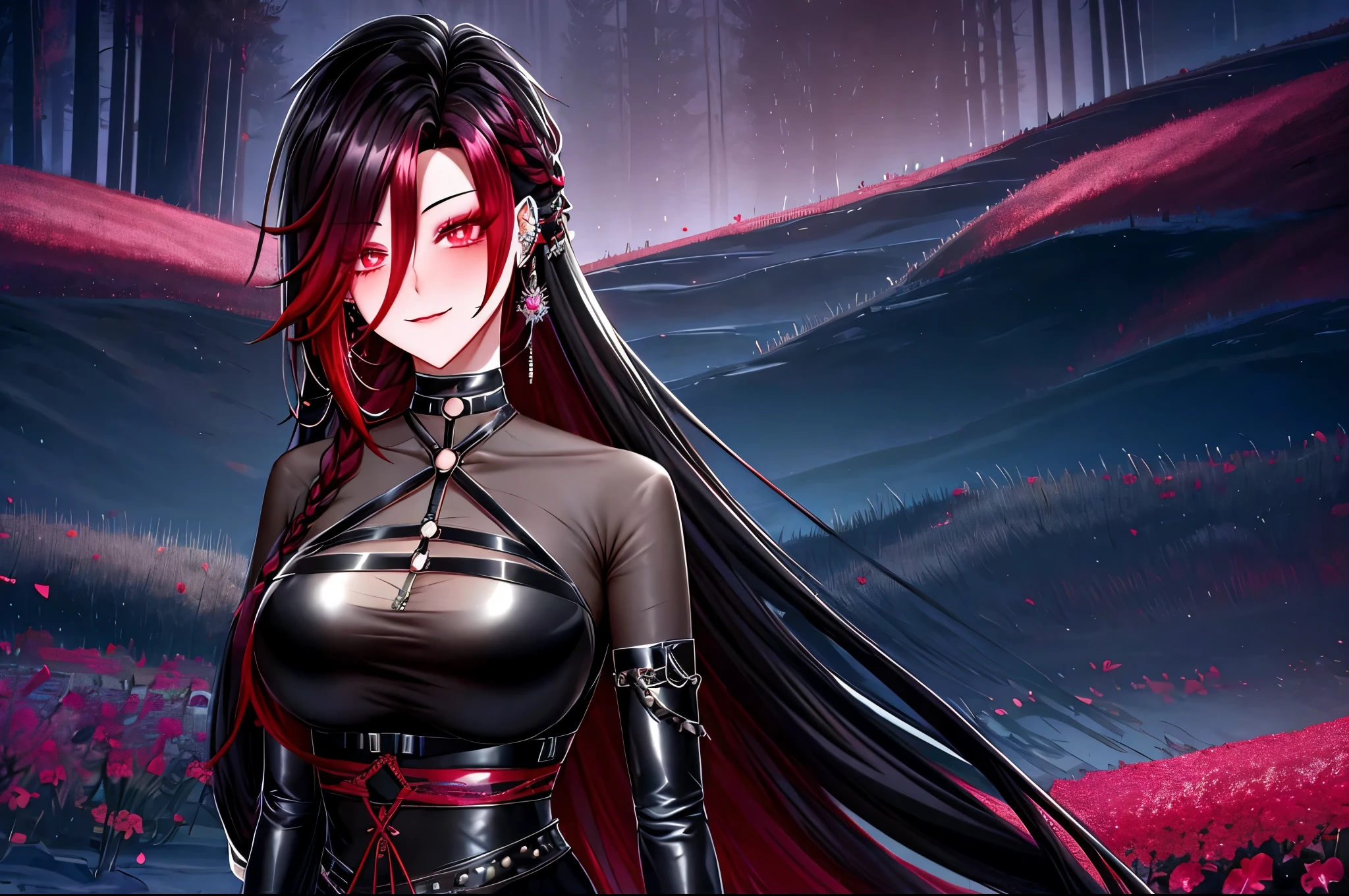 shoujo style, frosty style, (romantic manhwa), 1 girl, black cyclamen hair, solo, long braided hair, long braid, dress, red cyclamen eyes, mascara, makeup, elbow gloves, bra, jewelry, many ear piercings , viewer, collarbone, accessories, upper body, parted bangs, braided hair, side braid, black dress, bangs, outdoors, detailed eyes, dynamic cut, walking in a rose field at night, flowers, warm, summer environment, beach, evil smiles 